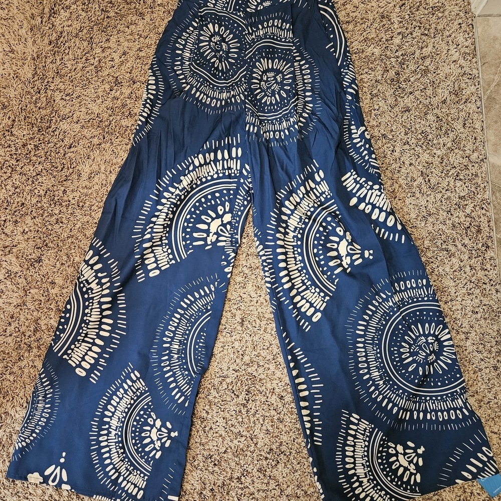 Cupshe Blue and Cream Wide Leg Pants - Picture 1 of 12